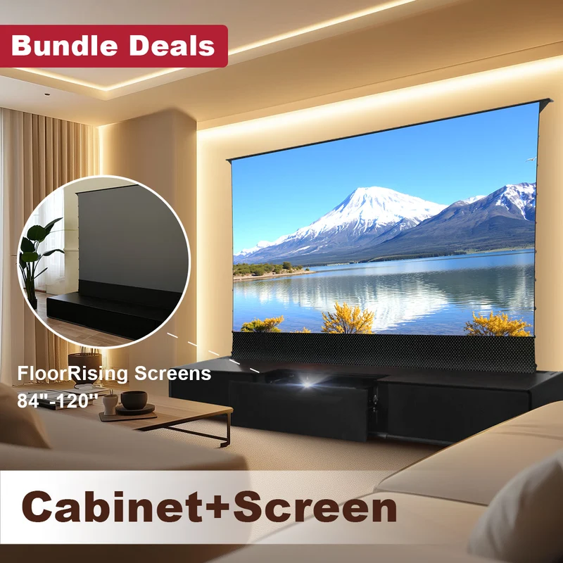 Shore Wood Grain UST Projector Cabinet + Black Series Motorized Floor Rising Screen Bundle (Cabinet Pre-Assembled）