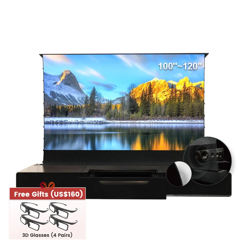 Shore Wood Grain UST Projector Cabinet + Black Series Motorized Floor Rising Screen Bundle (Cabinet Pre-Assembled）