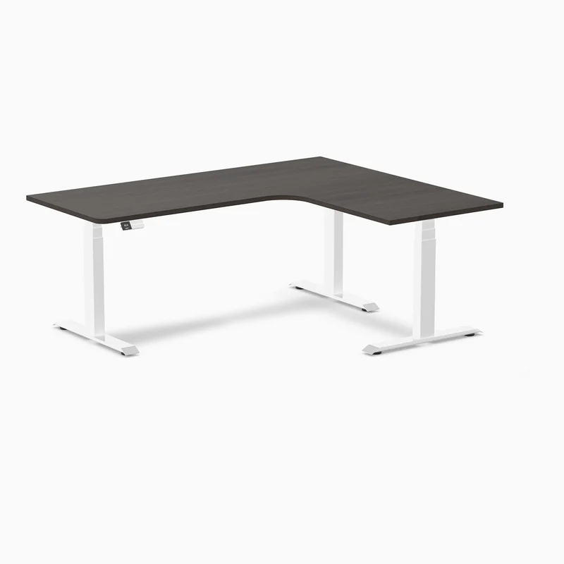 Desky L-Shape Melamine Sit Stand Desk 180cm - Right Return Burnished Wood Top and White Leg