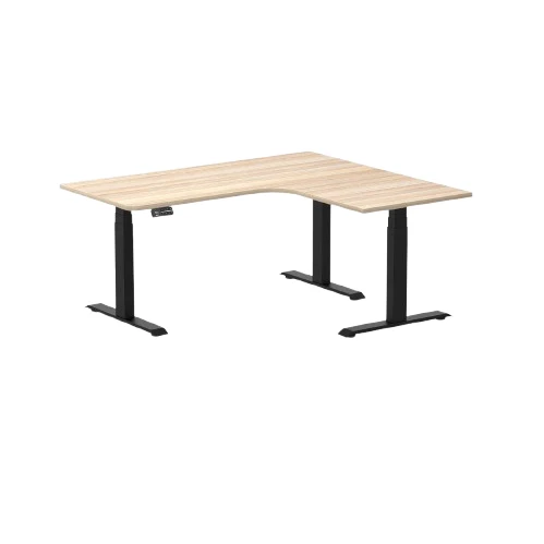 Desky L-Shape Melamine Sit Stand Desk 160cm - Left Return Classic Oak Top and Matte Black Leg