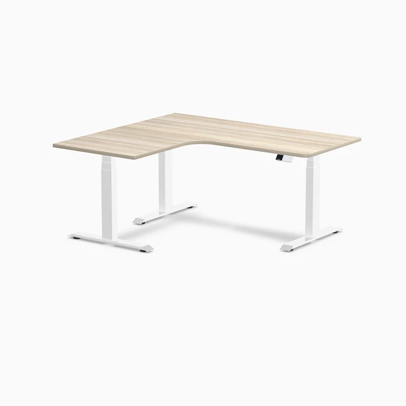 Desky L-Shape Melamine Sit Stand Desk 160cm - Left Return Classic Oak Top and White Leg