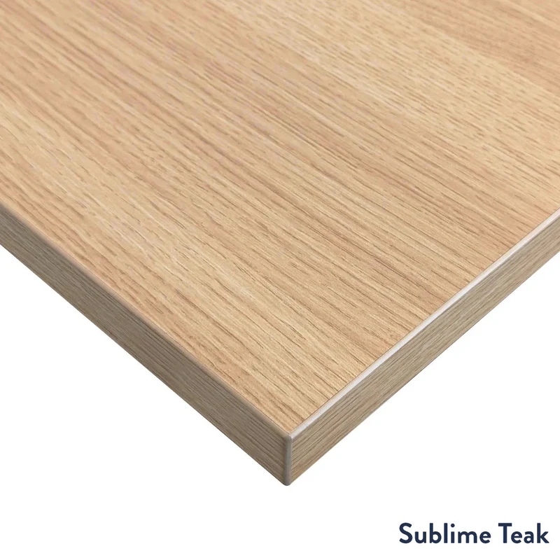 Desky Eco L-Shape Melamine Sit Stand Desk 150 x 155 cm Sublime Teak Top and Matte Black Leg