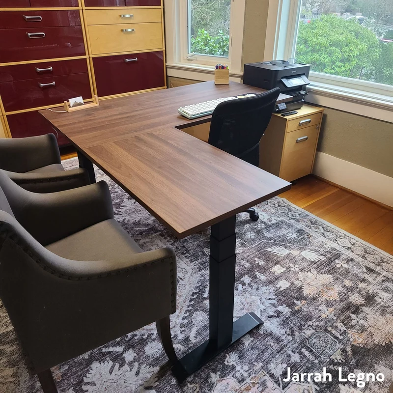 Desky Eco L-Shape Melamine Sit Stand Desk 150 x 155 cm Burnished Wood Top and Matte Black Leg