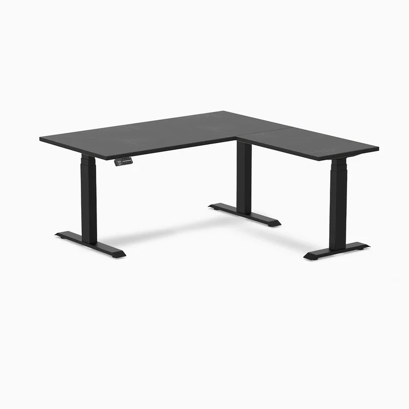 Desky Hardwood L-Shape Sit Stand Desk 150 x 155 cm Black Ash Top and Matte Black Leg