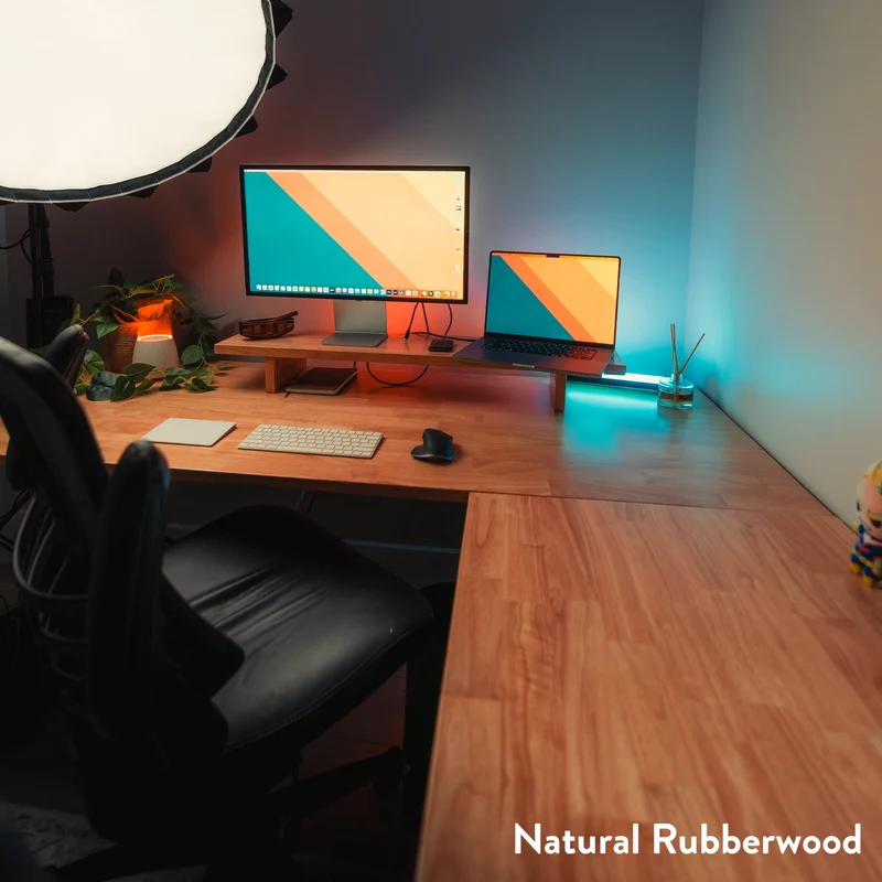 Desky Rubberwood L-Shape Sit Stand Desk 180 x 175 cm Red Walnut Top and Wheat Leg