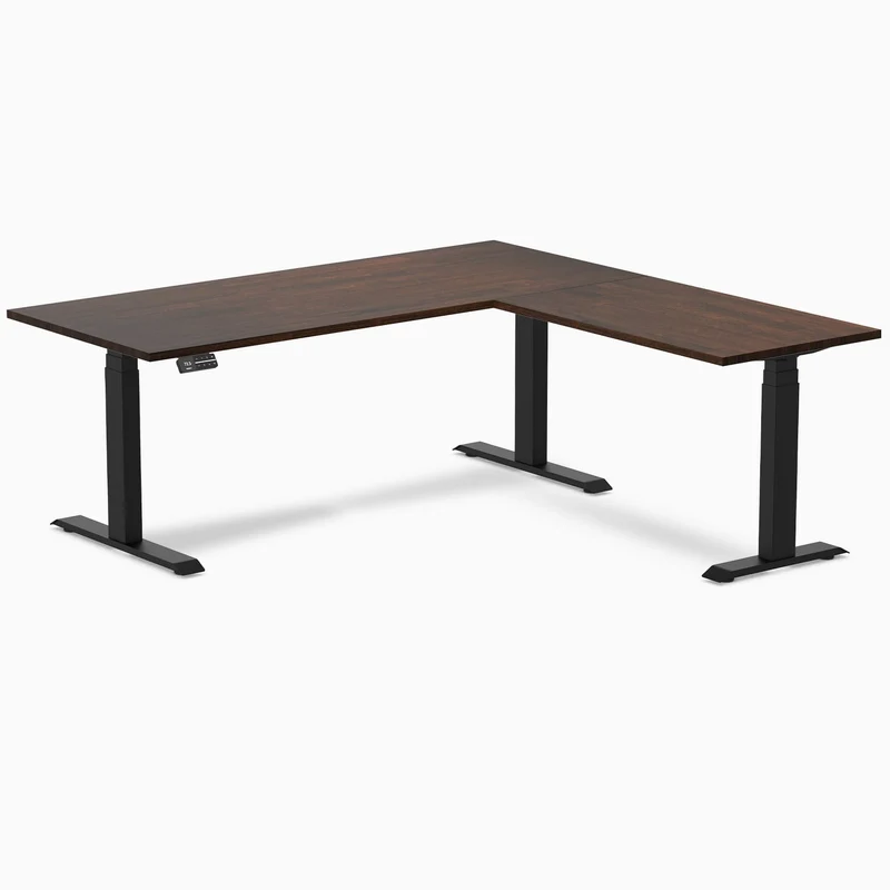 Desky Rubberwood L-Shape Sit Stand Desk 180 x 175 cm Red Walnut Top and Wheat Leg