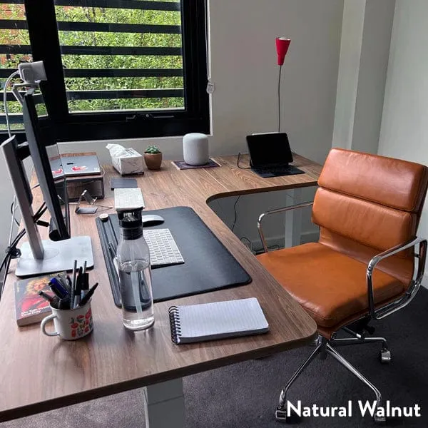 Desky L-Shape Melamine Sit Stand Desk 160cm - Left Return Prime Oak Top and White Leg