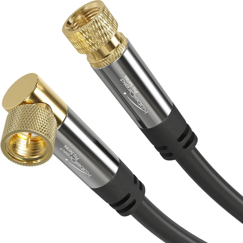 SAT Kabel 90° gewinkelt auf geraden F-Stecker, 75 Ohm - Koaxialkabel für HD TV, Radio, DVB-T2, DVB-C, DVB-S
