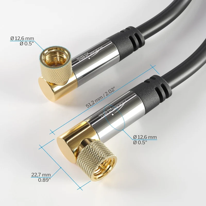 SAT Kabel 90° gewinkelte F-Stecker, 75 Ohm - Koaxialkabel für TV, HDTV, Radio, DVB-T2, DVB-C, DVB-S, DVB-S2