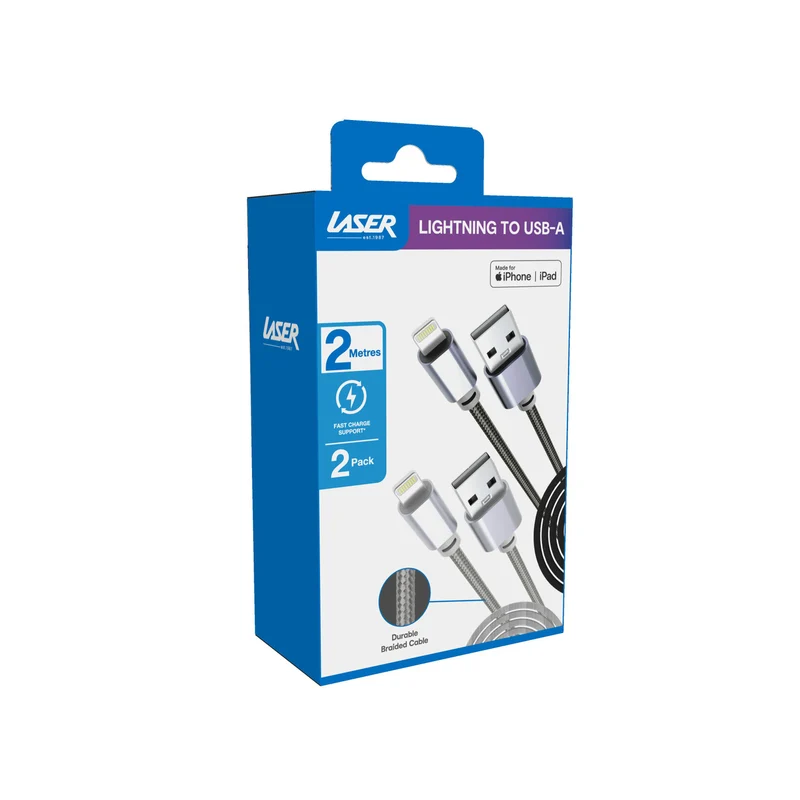 Laser 2m (2-pack) MFi Lightning to USB-A Cable Nylon (Silver/Black)