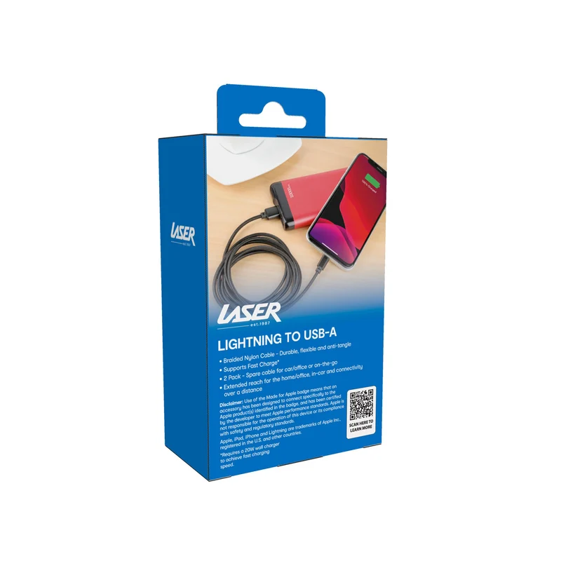 Laser 2m (2-pack) MFi Lightning to USB-A Cable Nylon (Silver/Black)