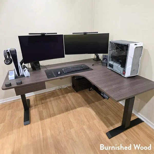 Desky L-Shape Melamine Sit Stand Desk 180cm - Left Return Burnished Wood Top and Wheat Leg