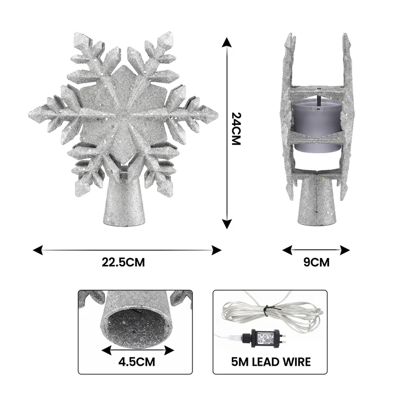 Jingle Jollys Christmas Tree Topper Lighted 360° Rotating Snowflake Projector Silver Glitter