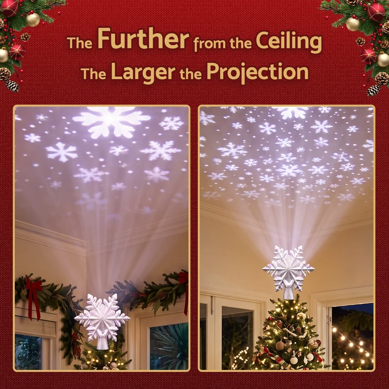 Jingle Jollys Christmas Tree Topper Lighted 360° Rotating Snowflake Projector Silver Glitter