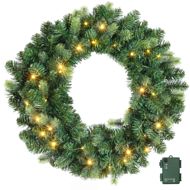 Jingle Jollys 60cm Pre-Lit Christmas Wreath GarlandsWarm White LED Light Door Wreaths Battery Timer