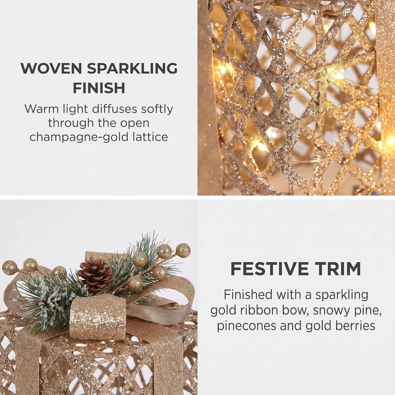 Set of 2 Light Up Christmas Gift Boxes Champagne Gold Battery Operated Warm White LED Present Decorations 35cm 28cm