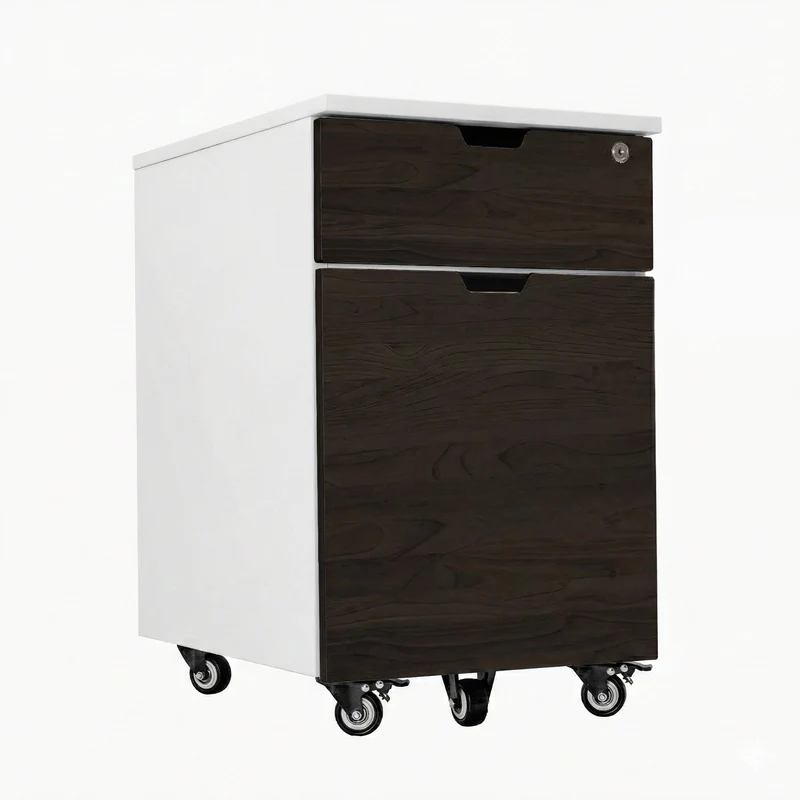 Desky Minimal Wooden Filing Cabinet - White / Burnished Wood Melamine