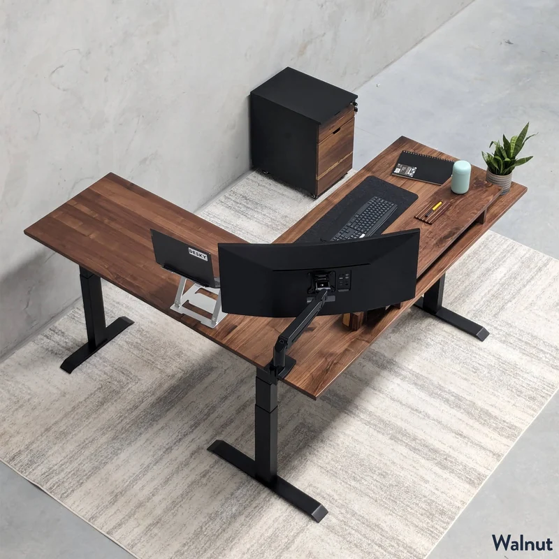 Desky Hardwood L-Shape Sit Stand Desk 150 x 155 cm Walnut / Wheat Top and Wheat Leg
