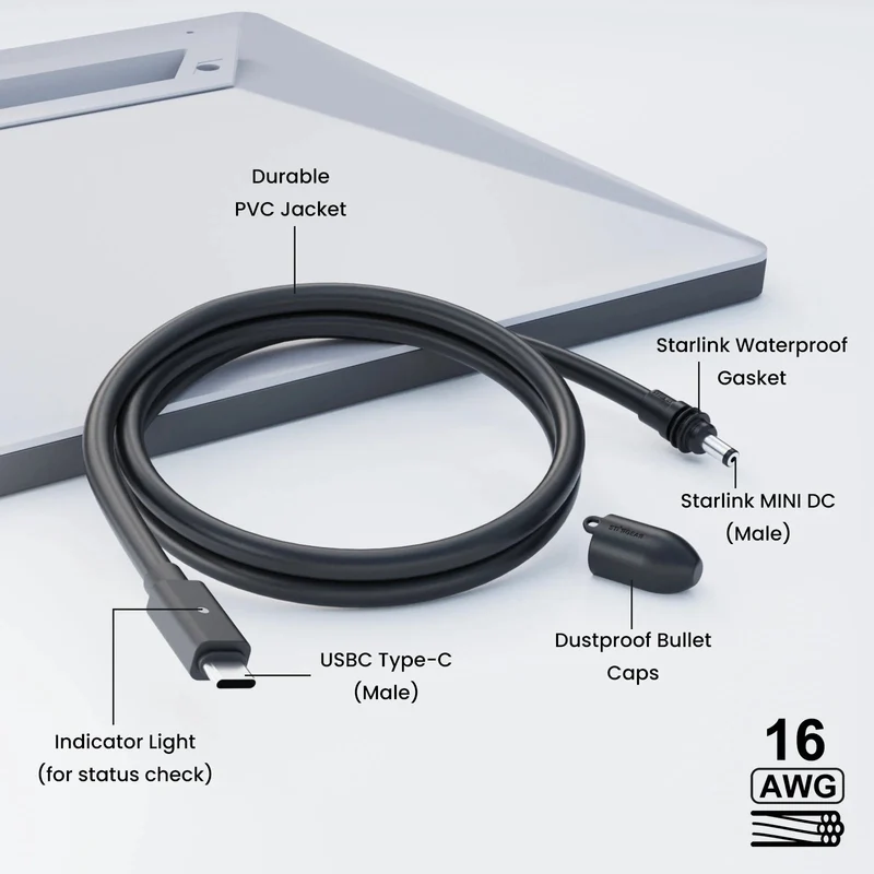 STARGEAR Mini 140W USB-C to DC Power Cable with LED for Starlink Mini 2m/5m