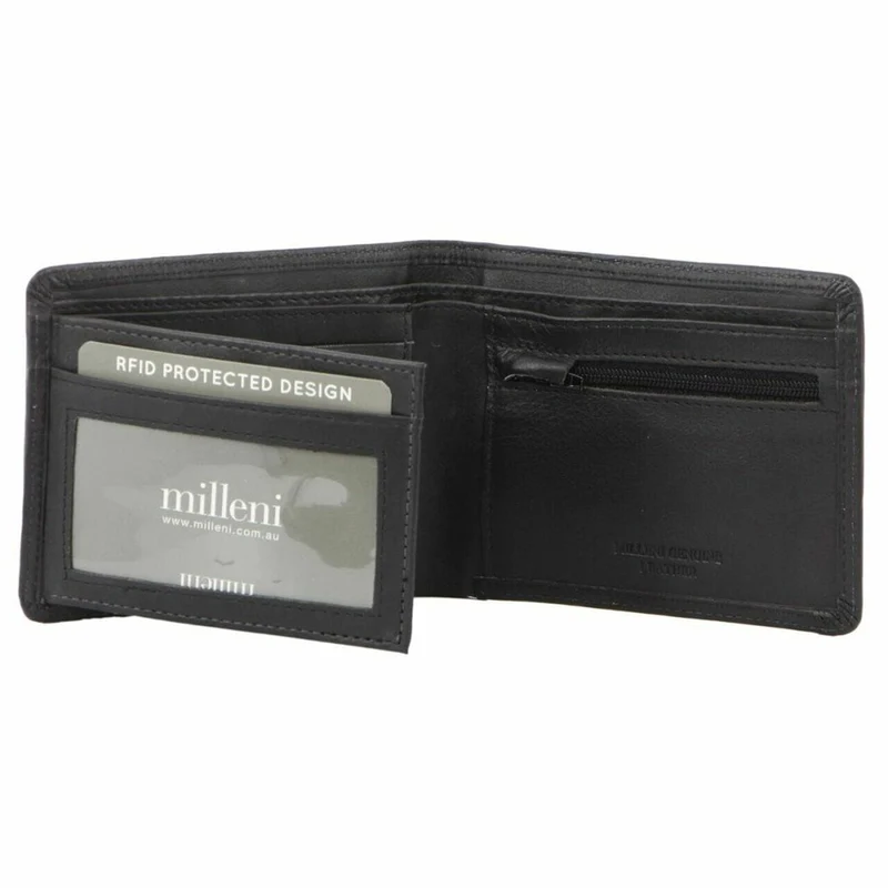 Milleni Men's Leather Card/Cash RFID Protected Tab Wallet 11cm Black