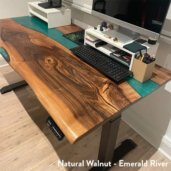 Desky Dual Resin Hardwood Sit Stand Desk 150cm Natural Walnut Emerald River Desktop and Space Grey Frame