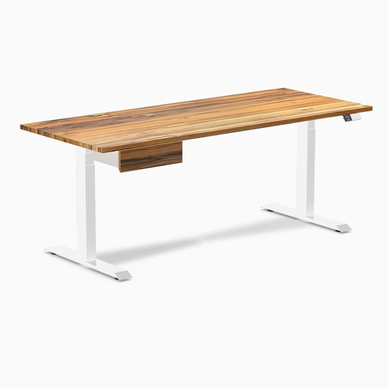 Desky Dual Hardwood Standing Desk With Drawer 180cm Teak Desktop and White Frame
