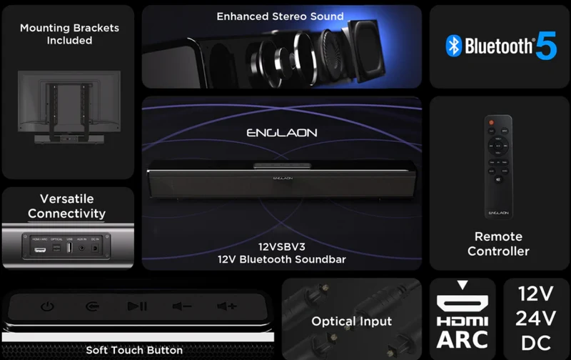 ENGLAON 12V Bluetooth Soundbar for Caravan TV HDMI ARC