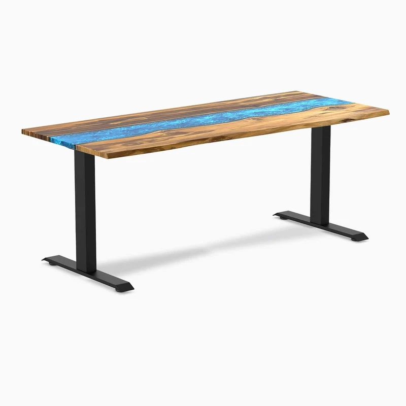 Desky Dual Resin Hardwood Sit Stand Desk 150cm Natural Walnut Emerald River Desktop and White Frame