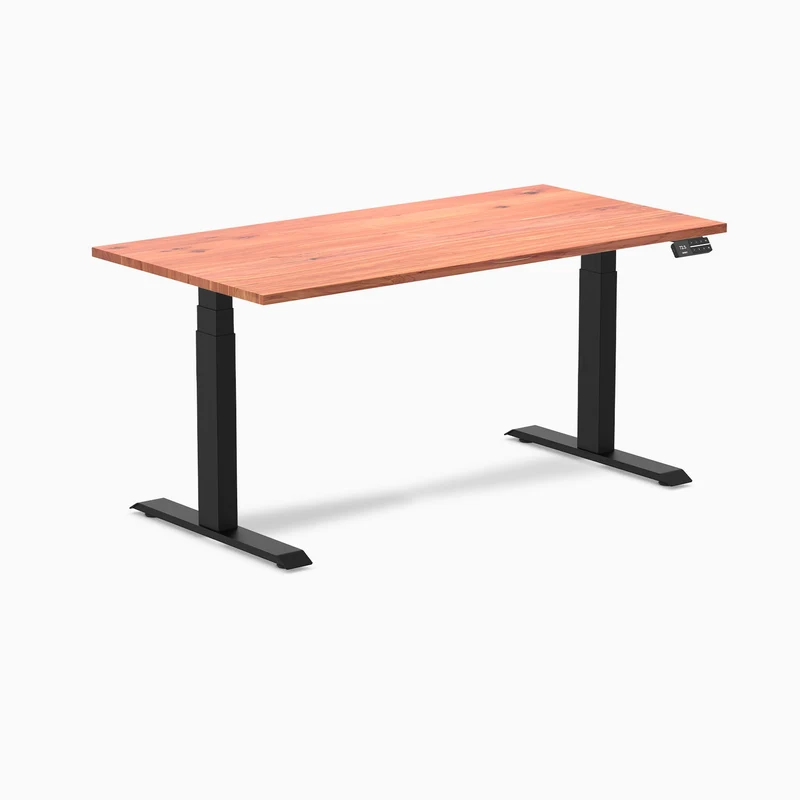 Desky Dual Softwood Sit Stand Desk 150cm Red Cedar Desktop and Matte Black Frame