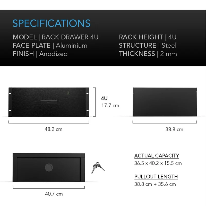 AC Infinity Heavy-Duty Rack Drawer Aluminium Faceplate 4U Black
