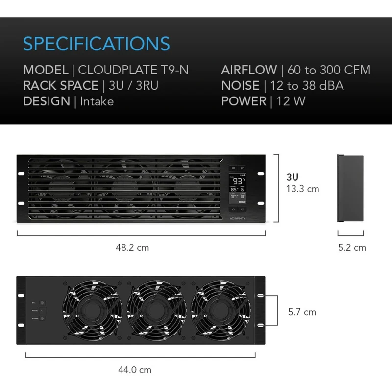 AC Infinity Cloudplate T9-N Pro 3U Rack Cooler Front Intake Black