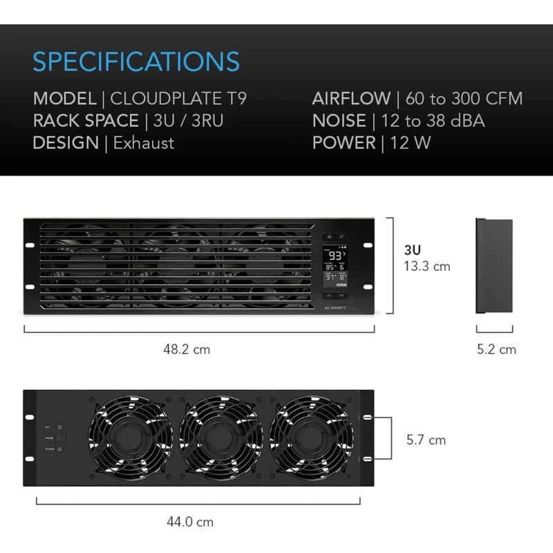 AC Infinity Cloudplate T9 Pro 3U Rack Cooler Front Exhaust Black