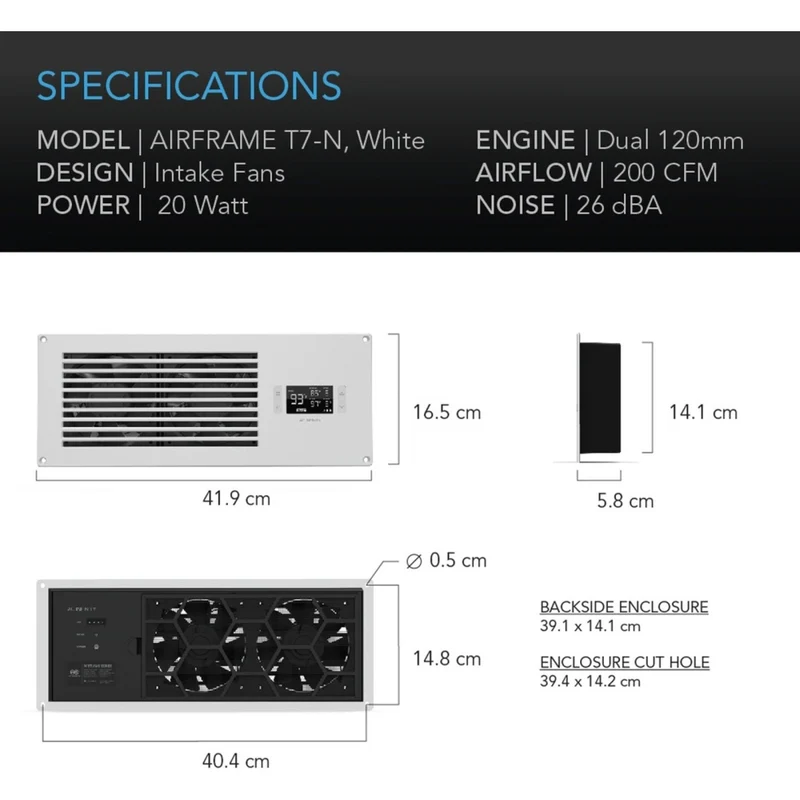 AC Infinity Airframe T7-N 200 CFM Intake Fan for AV Rooms Cooling System White