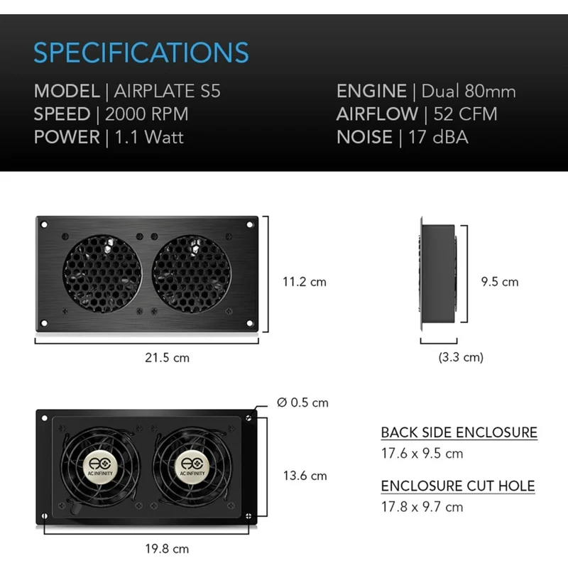 AC Infinity Airplate S5 Dual 52 CFM Cabinet Cooler USB Powered 80mm