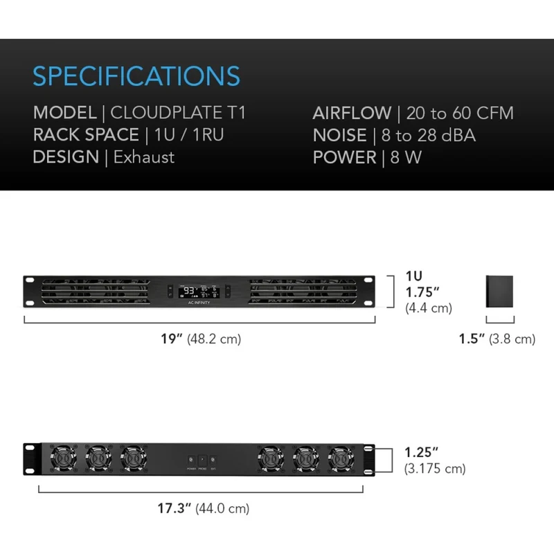 AC Infinity Cloudplate T1 20-60 CFM 1U Rack Cooler Front Exhaust