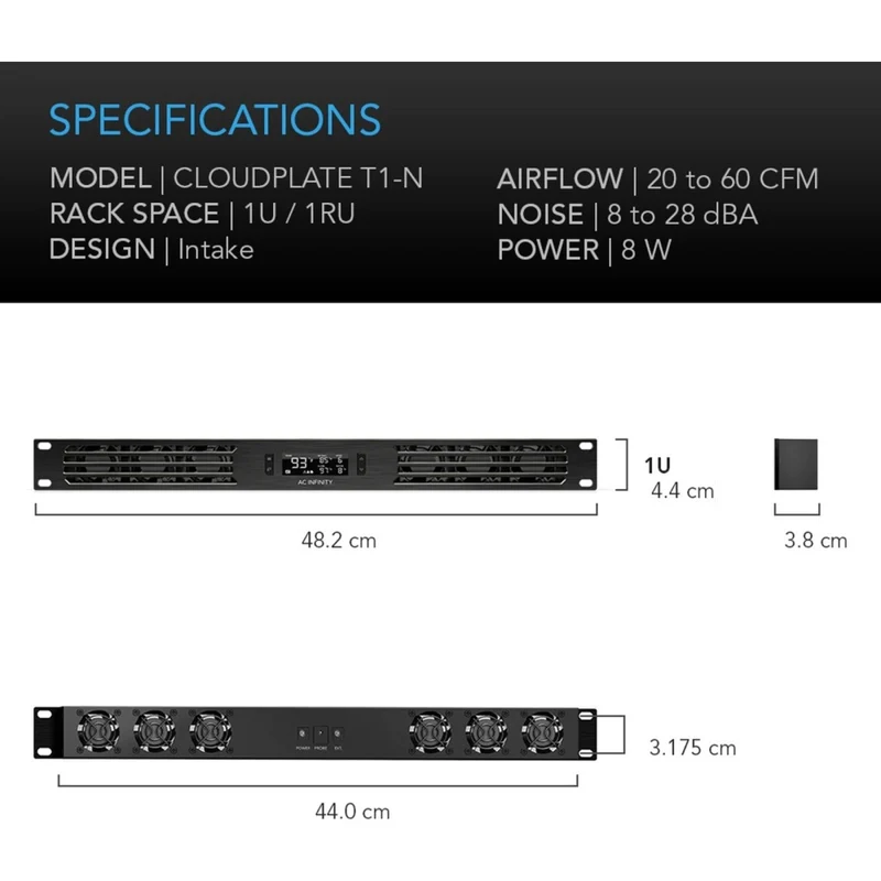 AC Infinity Cloudplate T1-N 20-60 CFM 1U Rack Cooler Front Intake