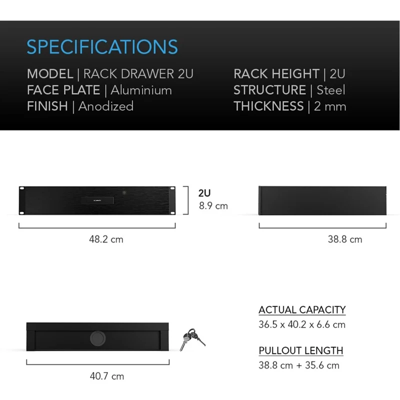 AC Infinity Heavy-Duty Rack Drawer Aluminium Faceplate 2U Black