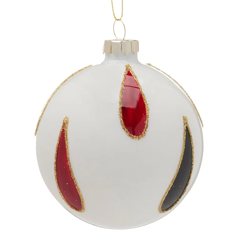 Christabelle White Glass Baubles 6Pcs with Red & Black Teardrops Balls Christmas Tree Decoration Ornament