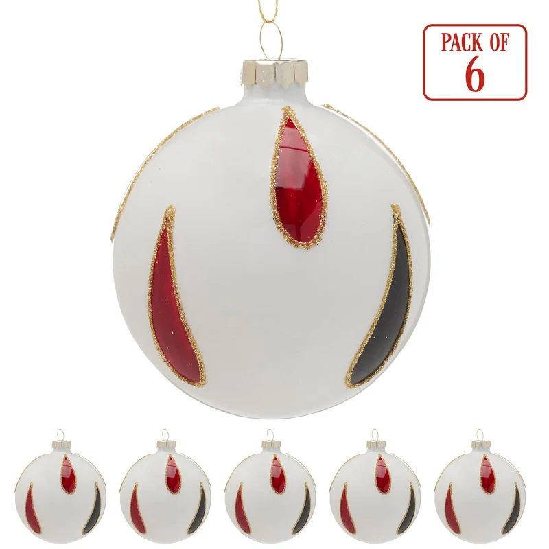 Christabelle White Glass Baubles 6Pcs with Red & Black Teardrops Balls Christmas Tree Decoration Ornament
