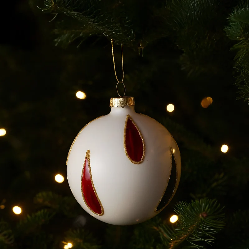 Christabelle White Glass Baubles 6Pcs with Red & Black Teardrops Balls Christmas Tree Decoration Ornament