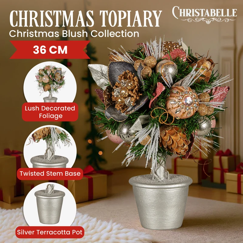 Christabelle 36cm Christmas Tabletop Topiary with Jewelled Baubles and Pine Cone
