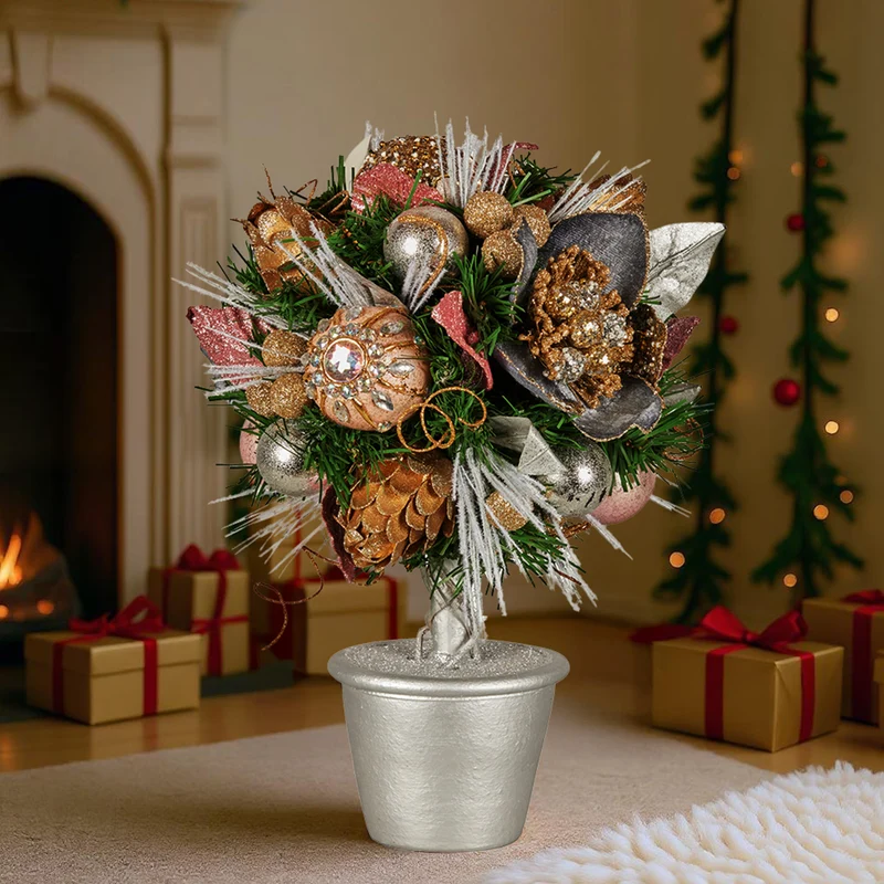 Christabelle 36cm Christmas Tabletop Topiary with Jewelled Baubles and Pine Cone