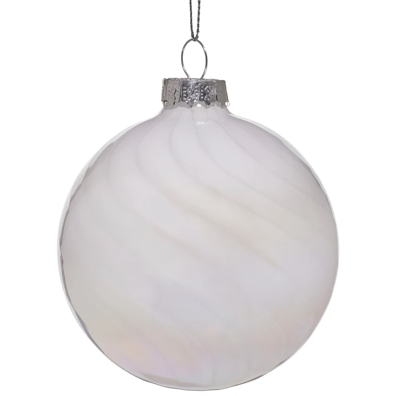 Christabelle Box of 6 White Glass Baubles with Stripe & Faint Iridescence