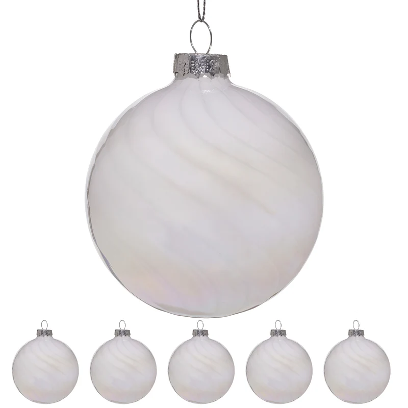 Christabelle Box of 6 White Glass Baubles with Stripe & Faint Iridescence