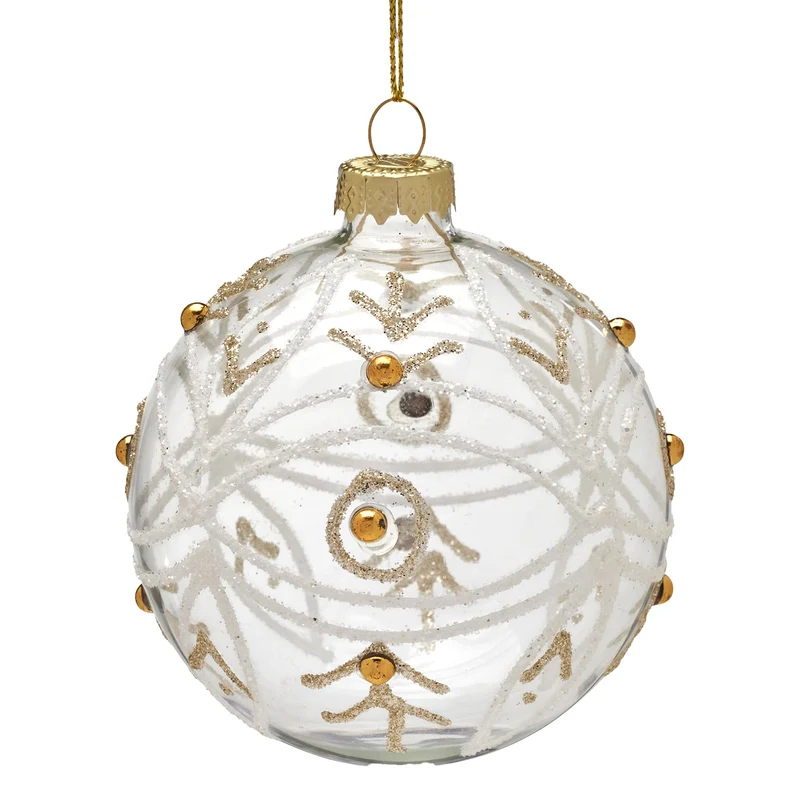 Christabelle Box of 6 Clear Glass Baubles with Glitter Swirls and Gold Pearls