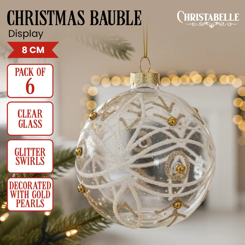 Christabelle Box of 6 Clear Glass Baubles with Glitter Swirls and Gold Pearls