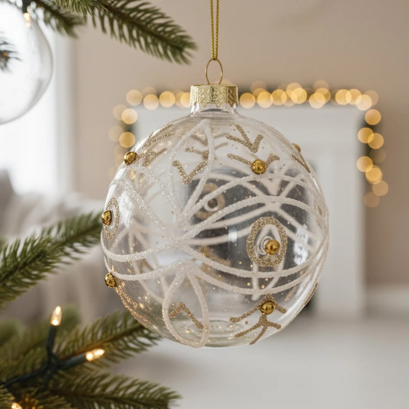 Christabelle Box of 6 Clear Glass Baubles with Glitter Swirls and Gold Pearls