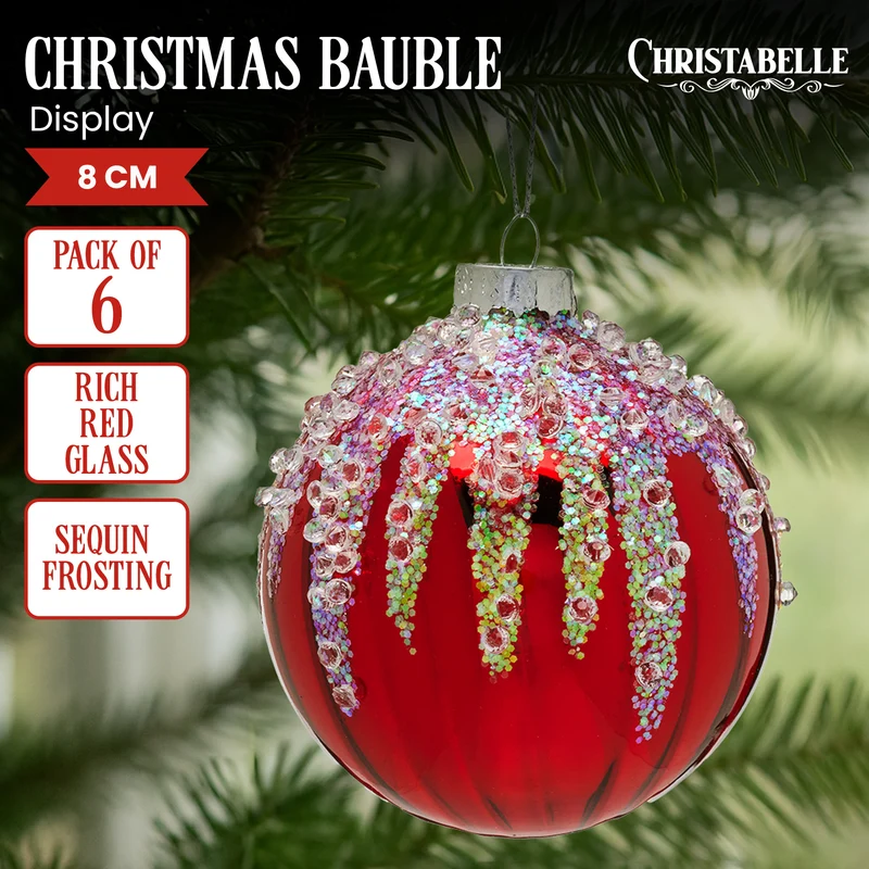 Christabelle Box of 6 Rich Red Glass Baubles with Sequin Frosting