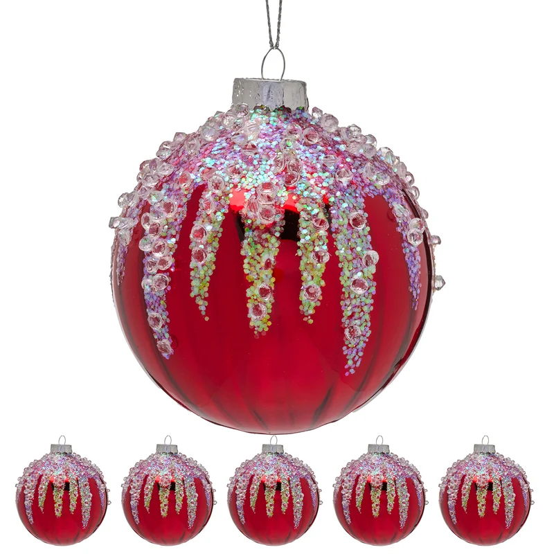 Christabelle Box of 6 Rich Red Glass Baubles with Sequin Frosting