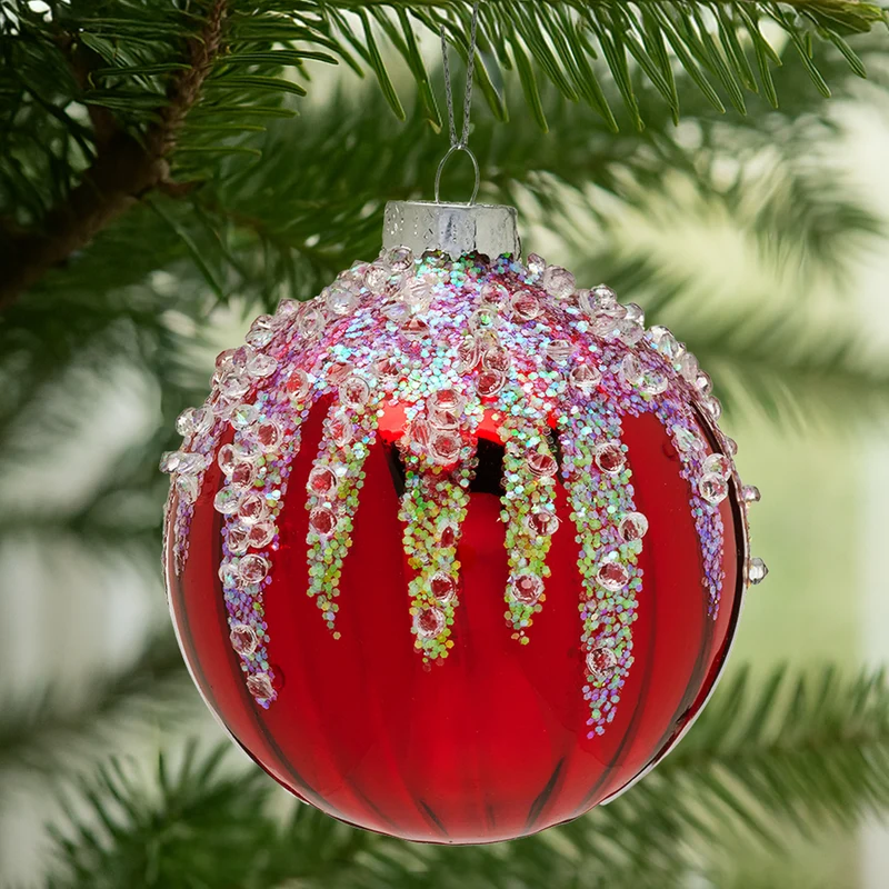 Christabelle Box of 6 Rich Red Glass Baubles with Sequin Frosting